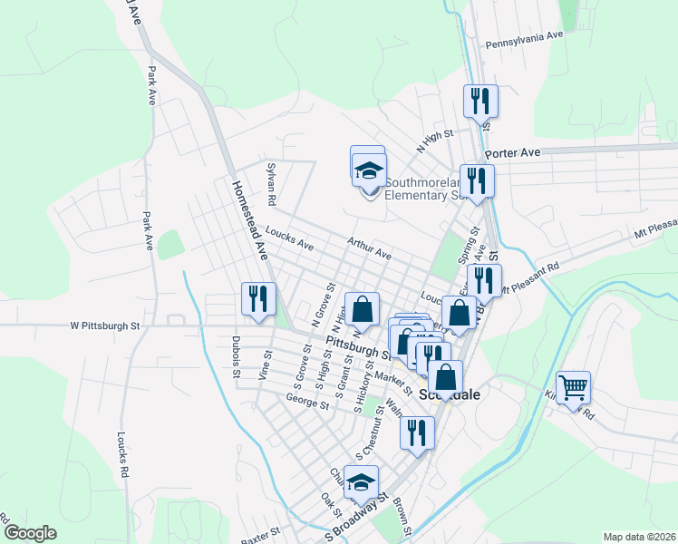 map of restaurants, bars, coffee shops, grocery stores, and more near 705 Arthur Avenue in Scottdale