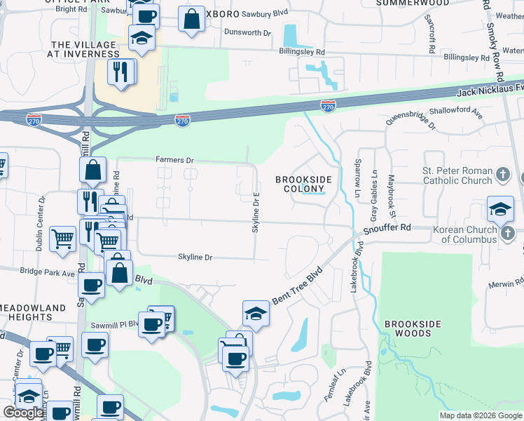map of restaurants, bars, coffee shops, grocery stores, and more near 7260 Skyline Drive East in Columbus