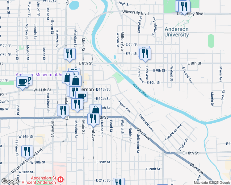 map of restaurants, bars, coffee shops, grocery stores, and more near 1022 Pearl Street in Anderson