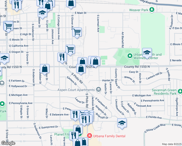 map of restaurants, bars, coffee shops, grocery stores, and more near 1511 East Washington Street in Urbana
