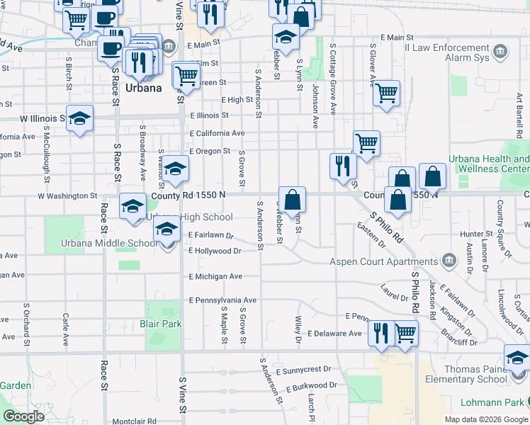 map of restaurants, bars, coffee shops, grocery stores, and more near 701 East Washington Street in Urbana