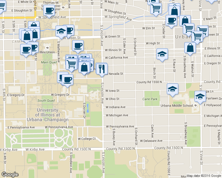 map of restaurants, bars, coffee shops, grocery stores, and more near 805 South Busey Avenue in Urbana