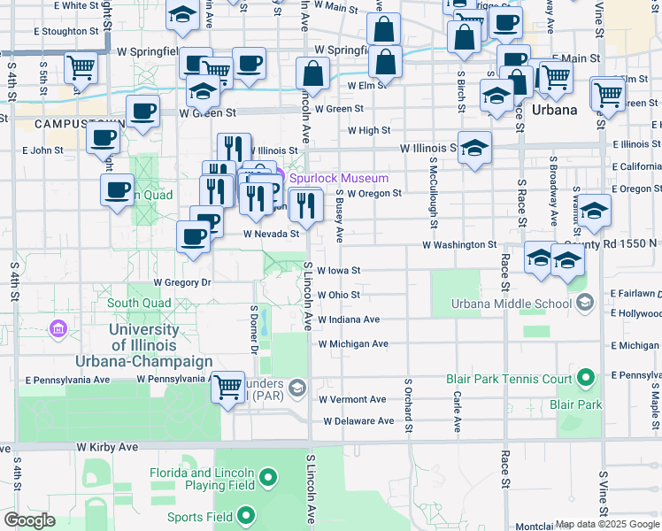 map of restaurants, bars, coffee shops, grocery stores, and more near 805 South Busey Avenue in Urbana