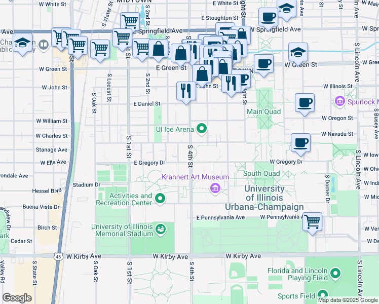 map of restaurants, bars, coffee shops, grocery stores, and more near in Champaign