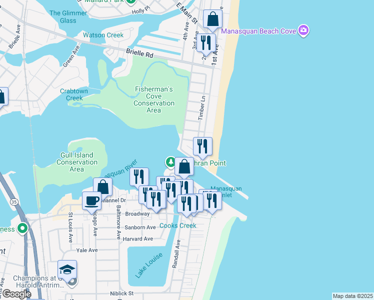 map of restaurants, bars, coffee shops, grocery stores, and more near 551 Perch Avenue in Manasquan