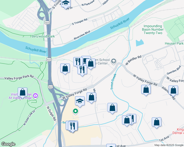 map of restaurants, bars, coffee shops, grocery stores, and more near 21438 Valley Forge Circle in King of Prussia