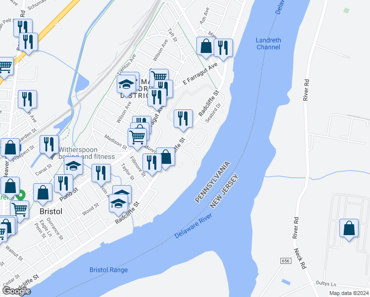 map of restaurants, bars, coffee shops, grocery stores, and more near 16756 River View Circle in Bristol