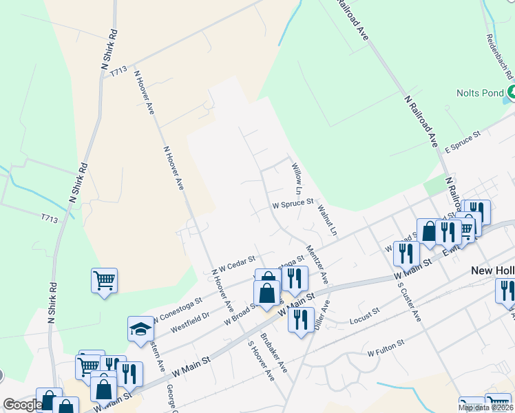 map of restaurants, bars, coffee shops, grocery stores, and more near 309 Cottonwood Lane in New Holland