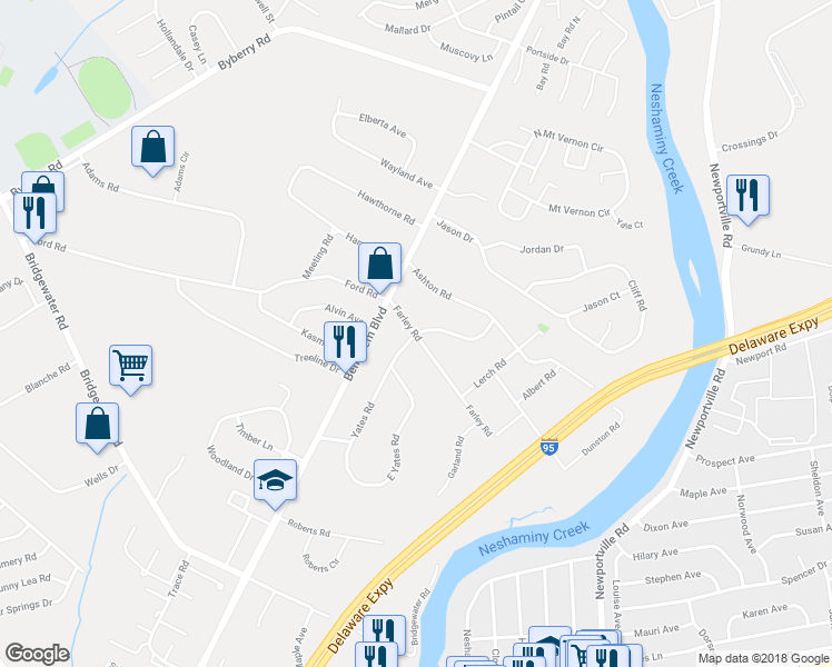 map of restaurants, bars, coffee shops, grocery stores, and more near 4646 Yates Road in Bensalem