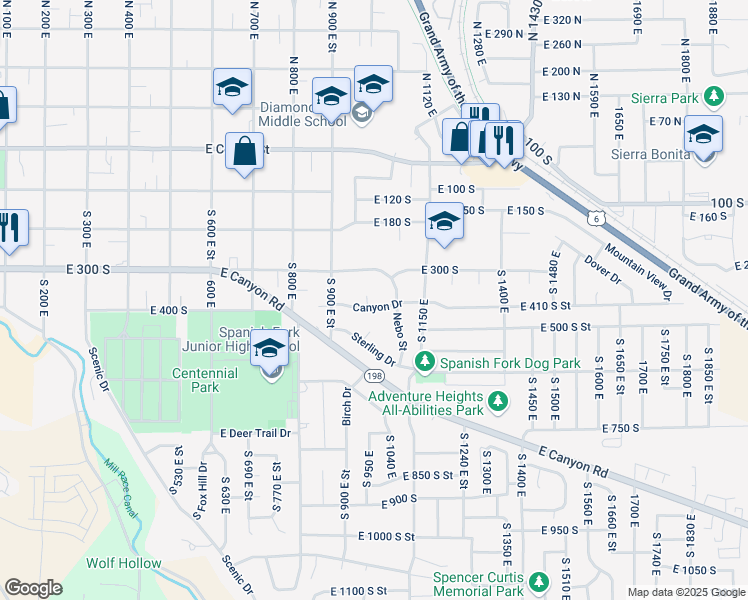 map of restaurants, bars, coffee shops, grocery stores, and more near 1005 Canyon Drive in Spanish Fork