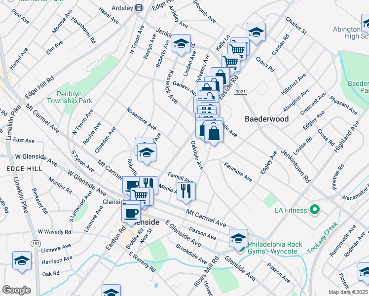 map of restaurants, bars, coffee shops, grocery stores, and more near 259 North Easton Road in Glenside