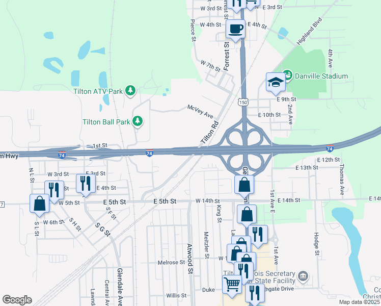 map of restaurants, bars, coffee shops, grocery stores, and more near Interstate 74 in Danville