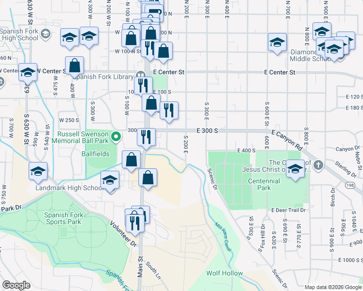map of restaurants, bars, coffee shops, grocery stores, and more near 362 South 200 East in Spanish Fork