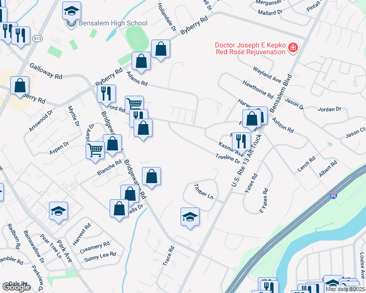 map of restaurants, bars, coffee shops, grocery stores, and more near 1178 Treeline Drive in Bensalem