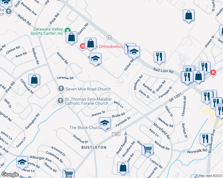map of restaurants, bars, coffee shops, grocery stores, and more near 661 Kismet Road in Philadelphia