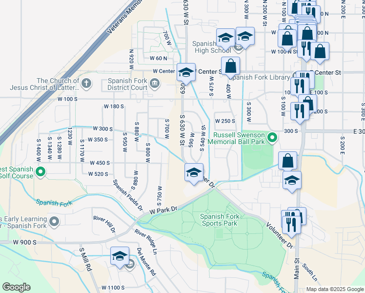map of restaurants, bars, coffee shops, grocery stores, and more near West 360 South in Spanish Fork