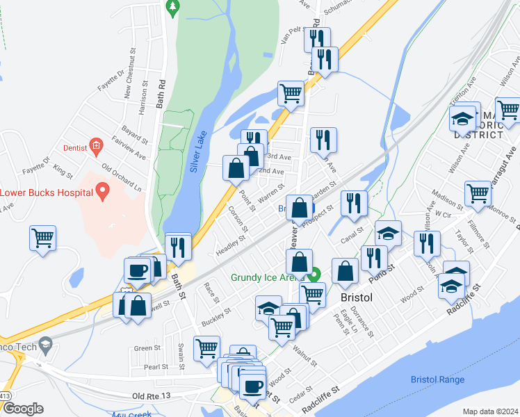 map of restaurants, bars, coffee shops, grocery stores, and more near 687 Mansion Street in Bristol