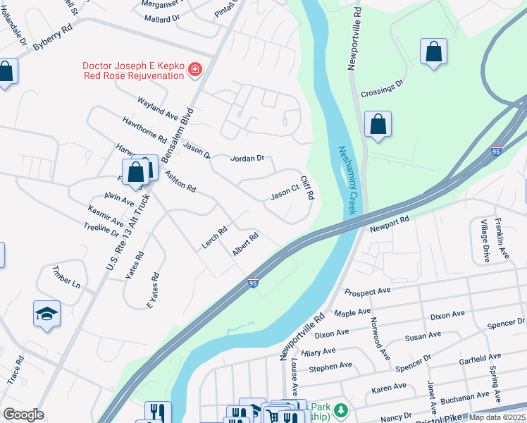 map of restaurants, bars, coffee shops, grocery stores, and more near 729 Cliff Road in Bensalem