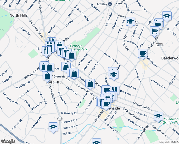 map of restaurants, bars, coffee shops, grocery stores, and more near 116 Cliveden Avenue in Glenside