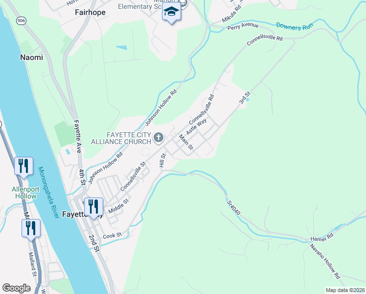 map of restaurants, bars, coffee shops, grocery stores, and more near 1109 Main Street in Fayette City