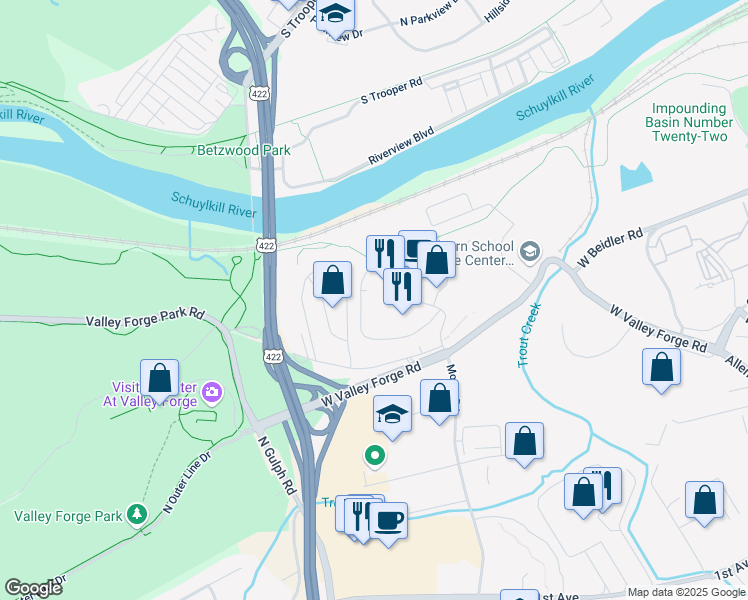 map of restaurants, bars, coffee shops, grocery stores, and more near 10112 Valley Forge Circle in King of Prussia