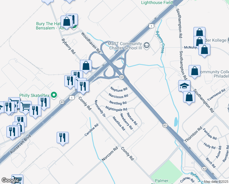 map of restaurants, bars, coffee shops, grocery stores, and more near 2831 Neptune Road in Philadelphia