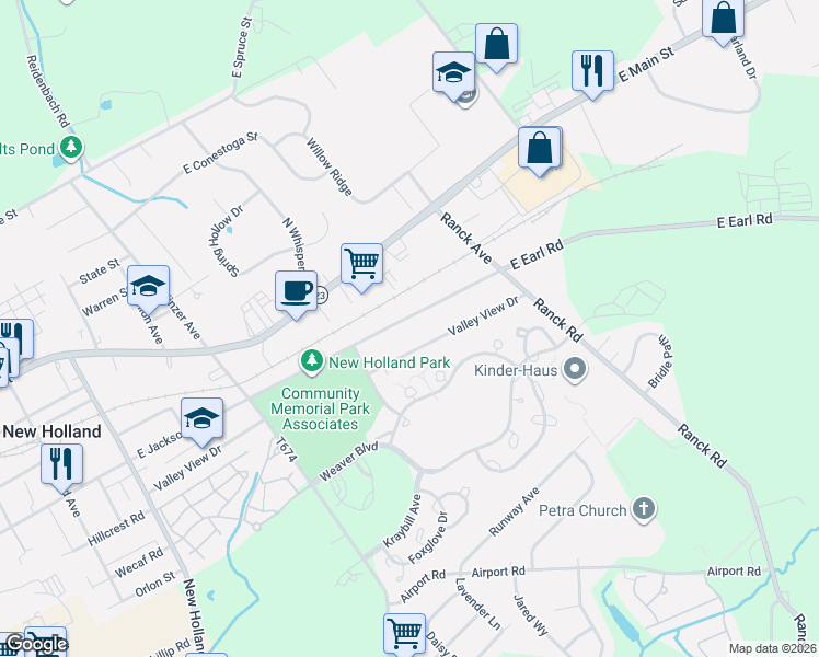 map of restaurants, bars, coffee shops, grocery stores, and more near 579 East Jackson Street in New Holland