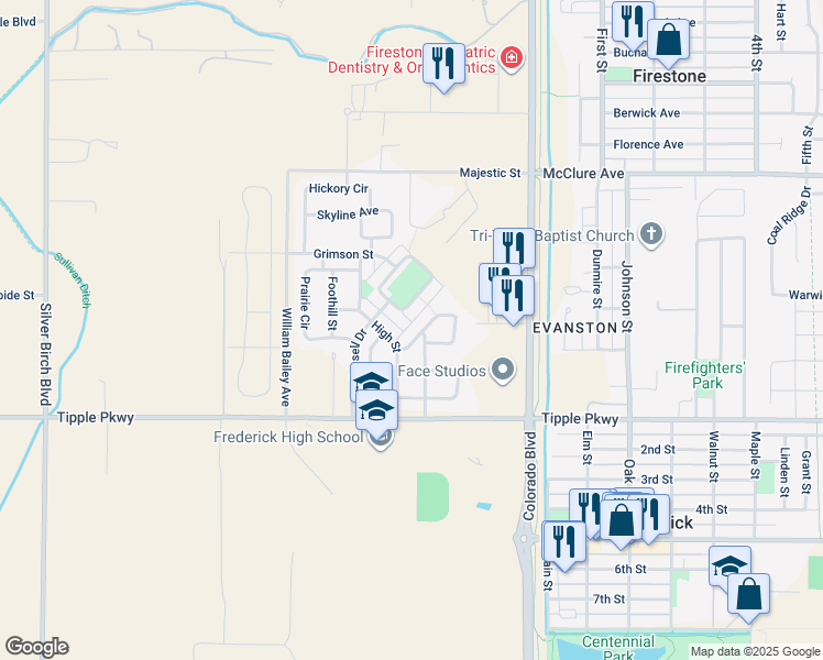 map of restaurants, bars, coffee shops, grocery stores, and more near 5836 Canyon Street in Longmont