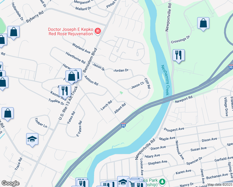 map of restaurants, bars, coffee shops, grocery stores, and more near 4768 Lerch Road in Bensalem