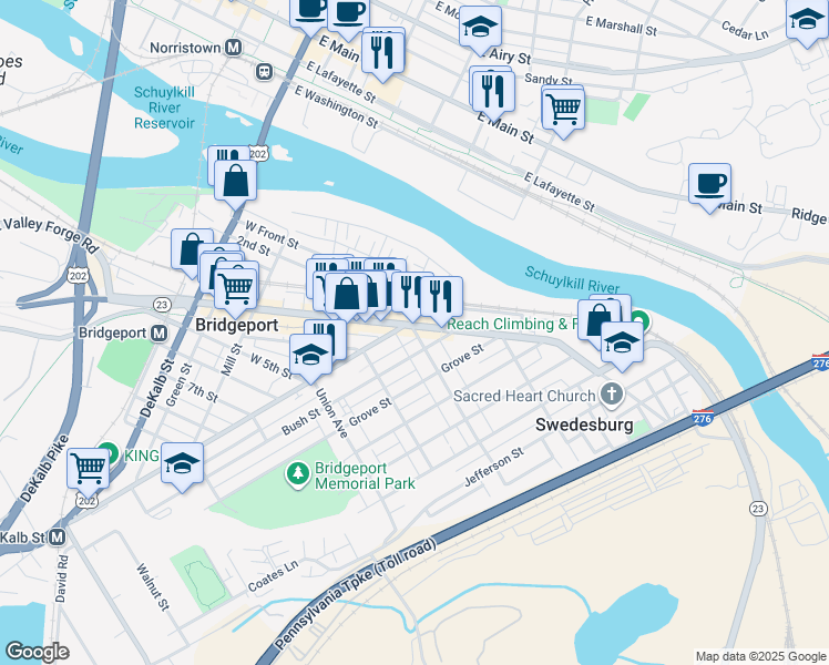 map of restaurants, bars, coffee shops, grocery stores, and more near in Bridgeport