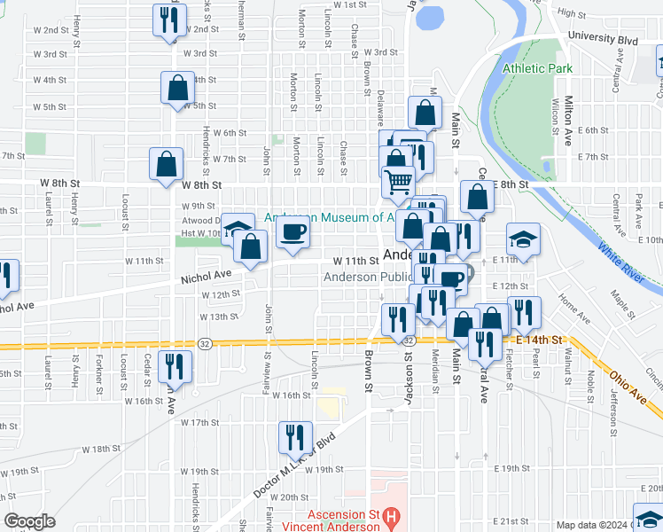 map of restaurants, bars, coffee shops, grocery stores, and more near 333 West 11th Street in Anderson