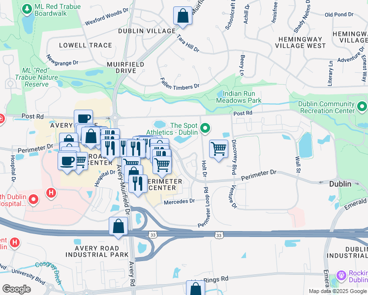 map of restaurants, bars, coffee shops, grocery stores, and more near 3143 Perimeter Lakes Drive in Dublin
