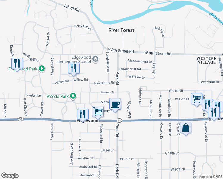 map of restaurants, bars, coffee shops, grocery stores, and more near 3329 Hawthorne Road in Anderson