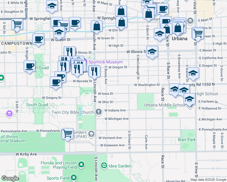 map of restaurants, bars, coffee shops, grocery stores, and more near 703 West Washington Street in Urbana