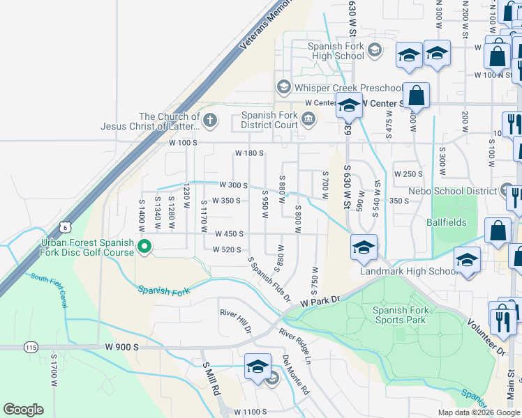 map of restaurants, bars, coffee shops, grocery stores, and more near 332 South 950 West in Spanish Fork