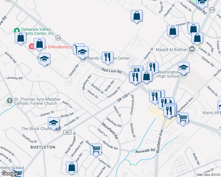 map of restaurants, bars, coffee shops, grocery stores, and more near 9966 Bridle Road in Philadelphia