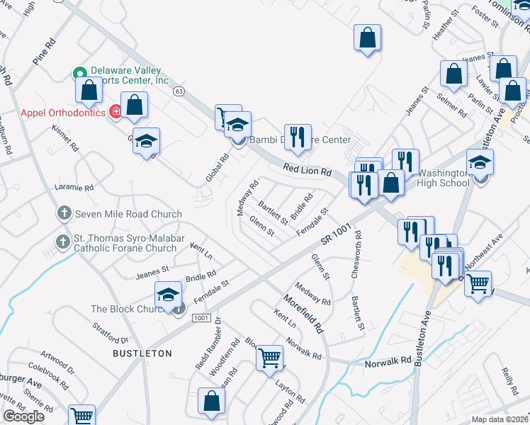 map of restaurants, bars, coffee shops, grocery stores, and more near 9944 Alicia Street in Philadelphia
