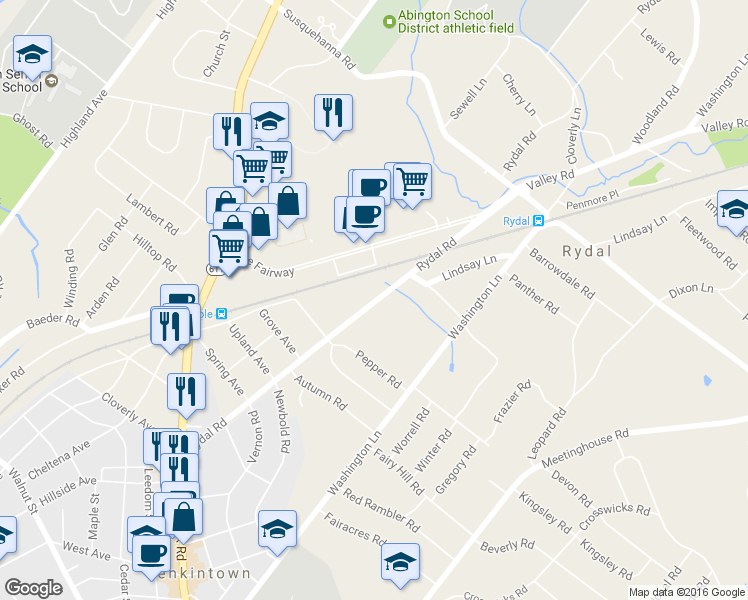 map of restaurants, bars, coffee shops, grocery stores, and more near 950 Rydal Road in Jenkintown