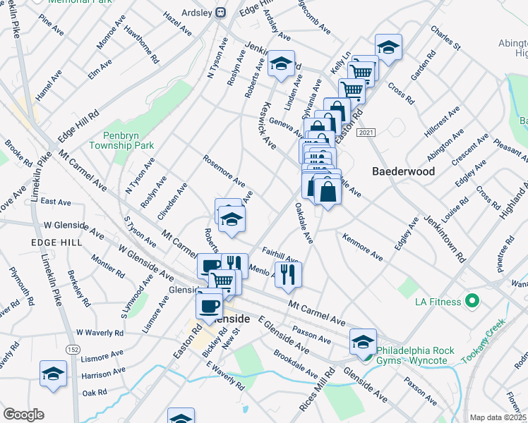 map of restaurants, bars, coffee shops, grocery stores, and more near 2317 Rosemore Avenue in Glenside
