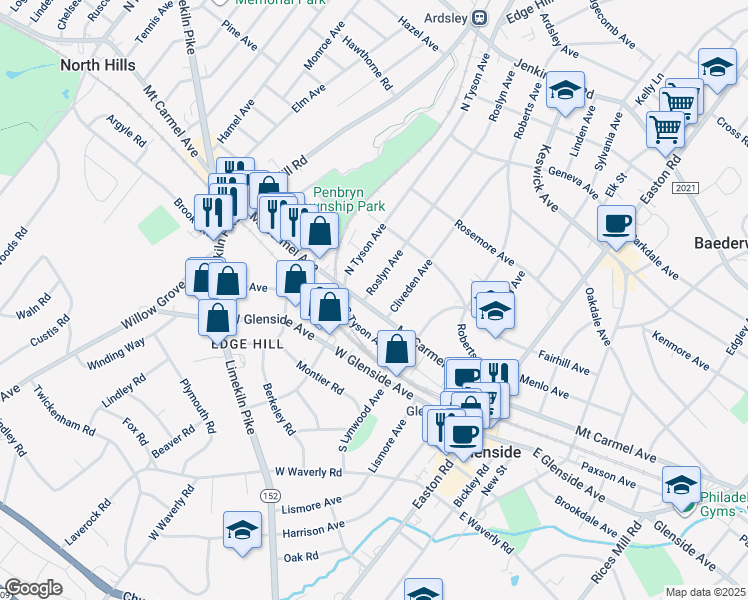 map of restaurants, bars, coffee shops, grocery stores, and more near 2451 Mount Carmel Avenue in Glenside