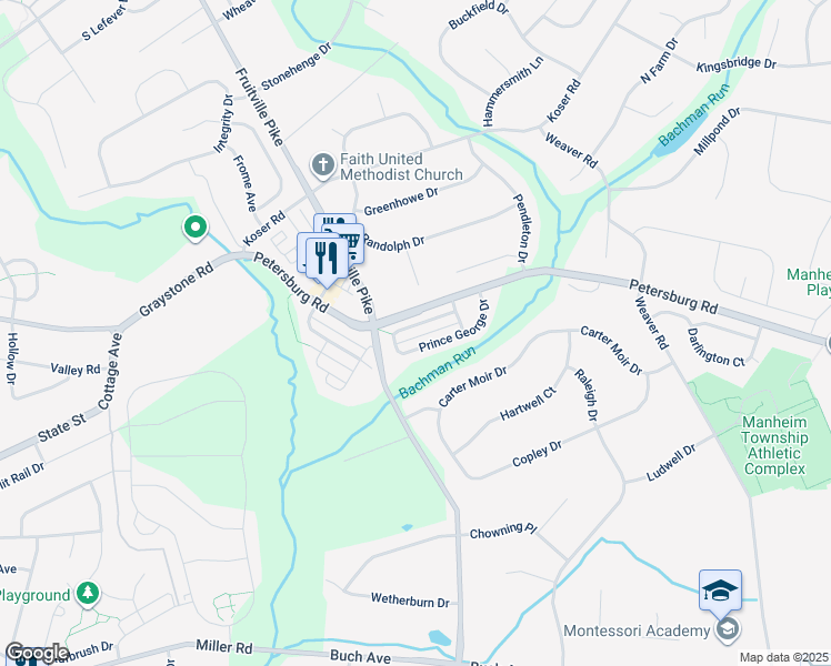 map of restaurants, bars, coffee shops, grocery stores, and more near 529 Prince George Drive in Lancaster