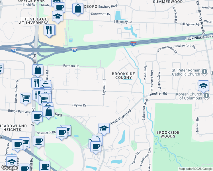 map of restaurants, bars, coffee shops, grocery stores, and more near 7260 Skyline Drive East in Columbus