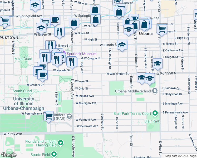 map of restaurants, bars, coffee shops, grocery stores, and more near 605 West Washington Street in Urbana