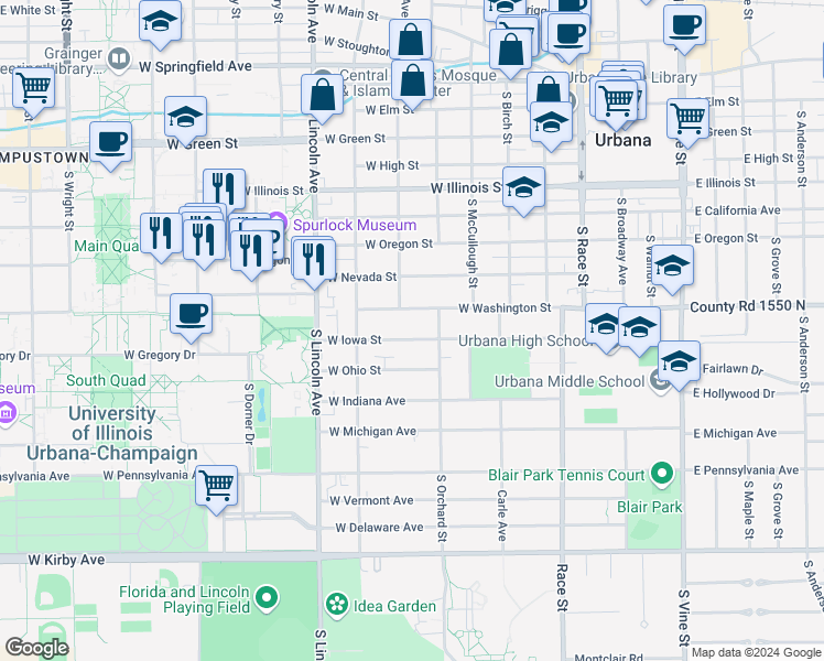 map of restaurants, bars, coffee shops, grocery stores, and more near 605 West Washington Street in Urbana