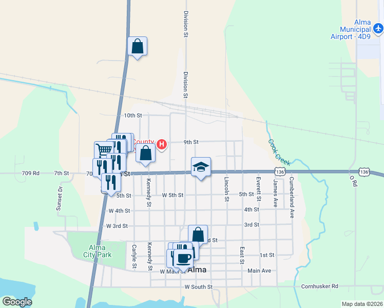 map of restaurants, bars, coffee shops, grocery stores, and more near 601-899 Division Avenue in Alma