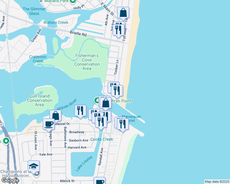map of restaurants, bars, coffee shops, grocery stores, and more near 387 Timber Lane in Manasquan