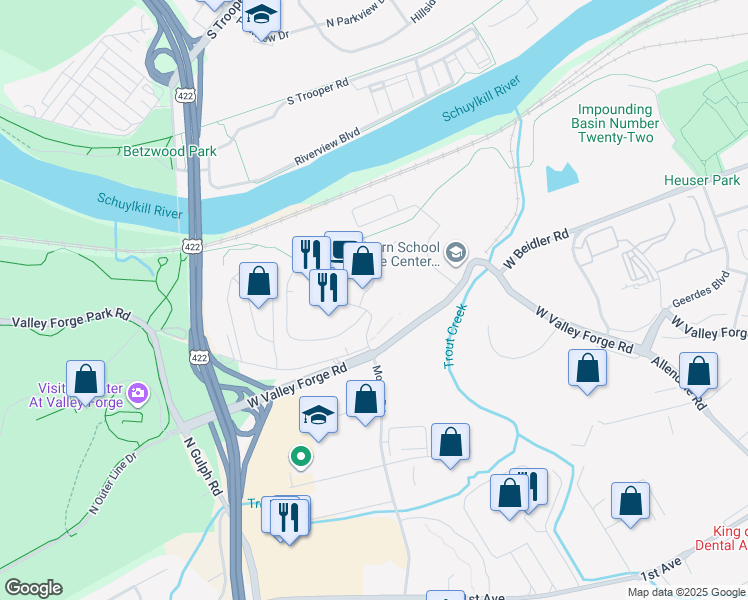 map of restaurants, bars, coffee shops, grocery stores, and more near 122 Valley Forge Circle in King of Prussia