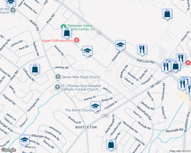 map of restaurants, bars, coffee shops, grocery stores, and more near 652 Kismet Road in Philadelphia