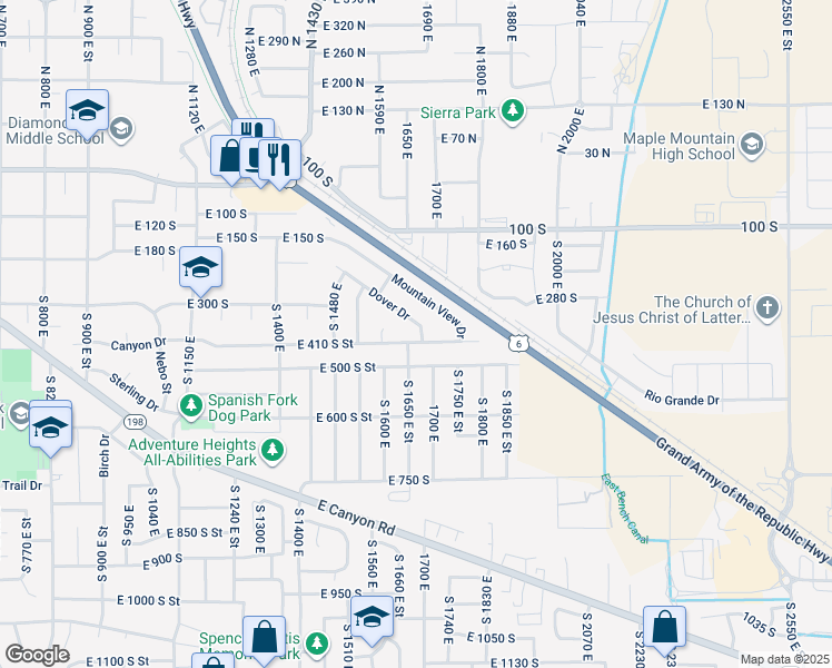 map of restaurants, bars, coffee shops, grocery stores, and more near 1658 Dover Drive in Spanish Fork