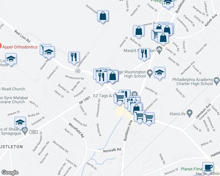 map of restaurants, bars, coffee shops, grocery stores, and more near 803 Red Lion Road in Philadelphia